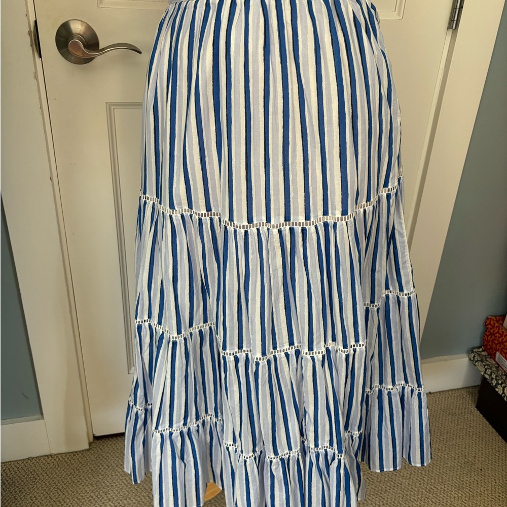 J Crew midi Blue and White tiered Striped Skirt